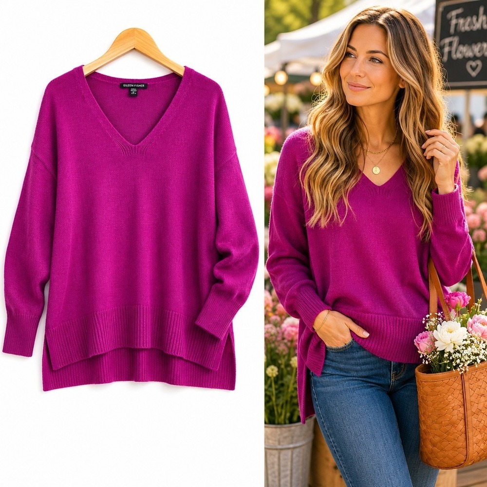 Eileen Fisher Sweater L Magenta Cashmere Organic Cotton V Neck Slouchy Boxy Soft